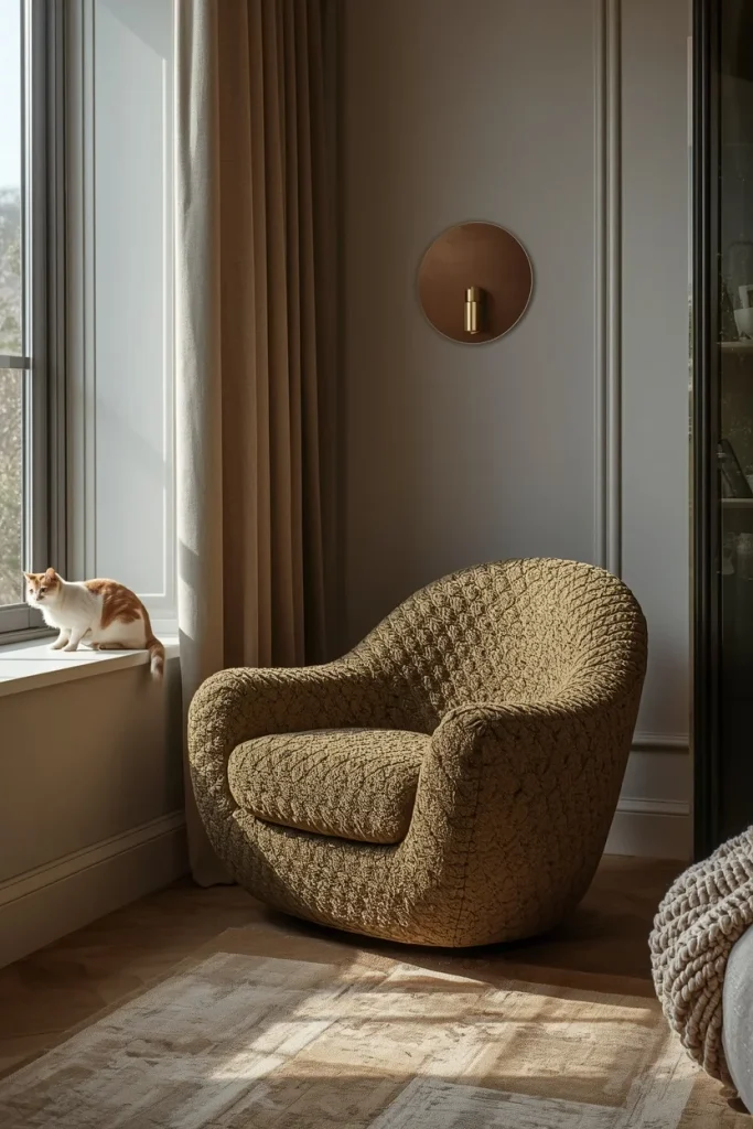 Durable curved accent chair in elegant living room