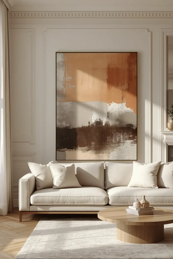 Large earthy artwork completing elegant neutral living room. 