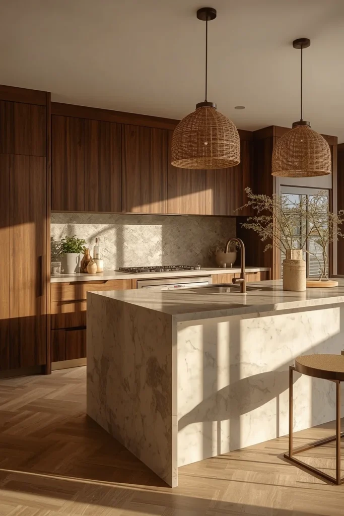 Espresso walnut cabinets with a luxurious waterfall island