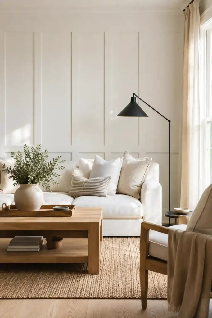 Board and batten wall in a modern farmhouse living room with warm neutral paint
