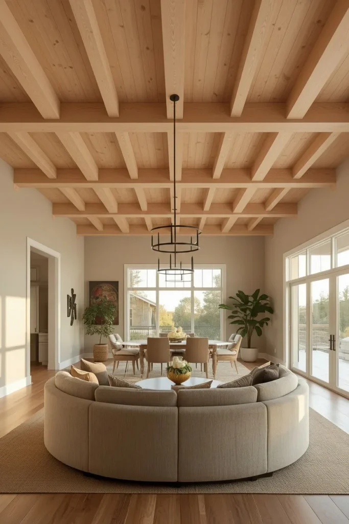 Farmhouse living room featuring stained wood box beam ceiling