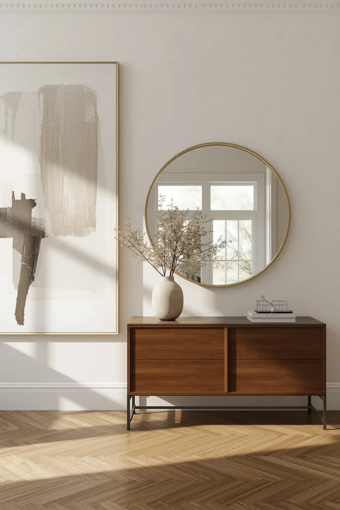 Large framed artwork and statement mirror in farmhouse living room