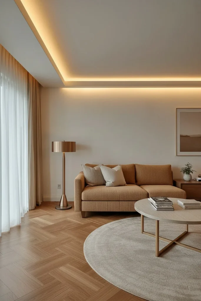 Floating cove ceiling with warm ambient perimeter lighting. 