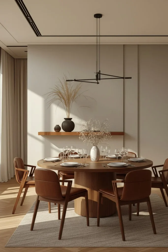 Small dining room with a wooden floating shelf and simple decor