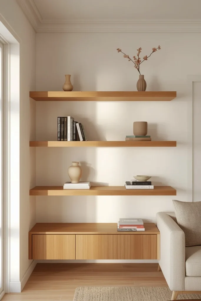 Floating wood shelves styled with books and ceramics in farmhouse decor