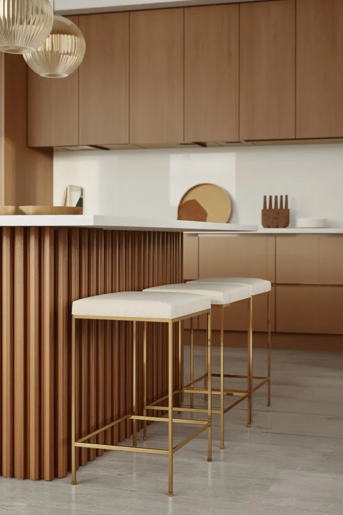 Fluted kitchen island paired with slim floating stools