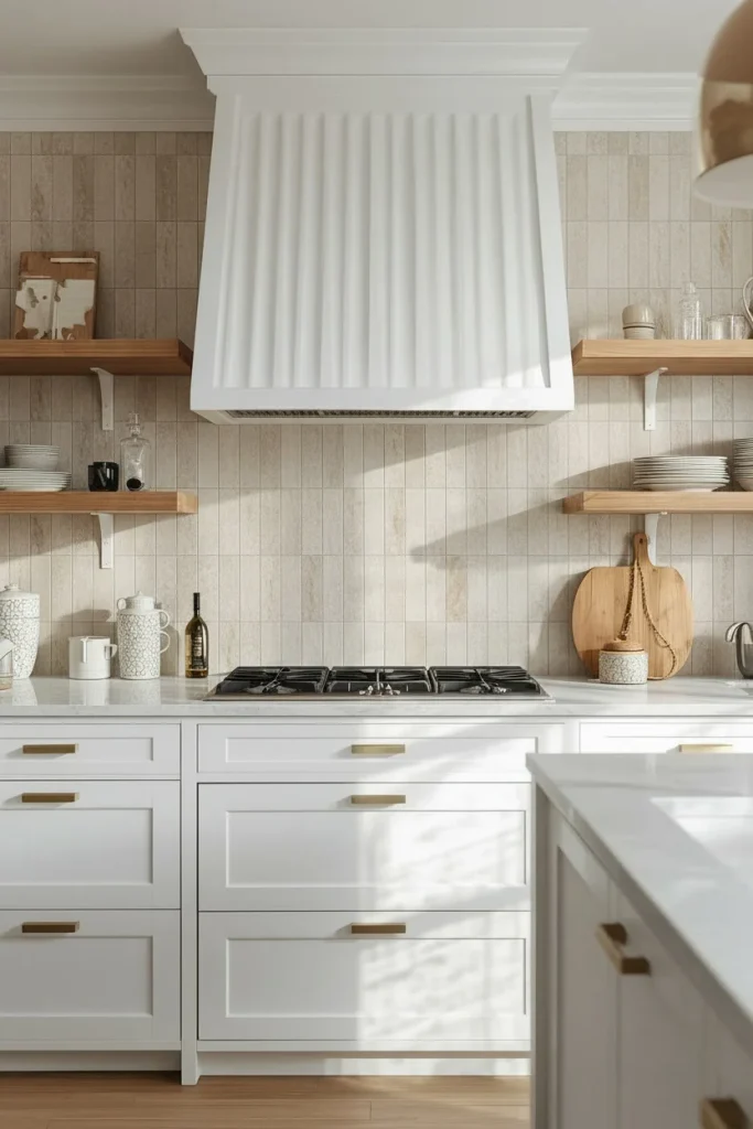 Fluted stone-look backsplash with white kitchen cabinets