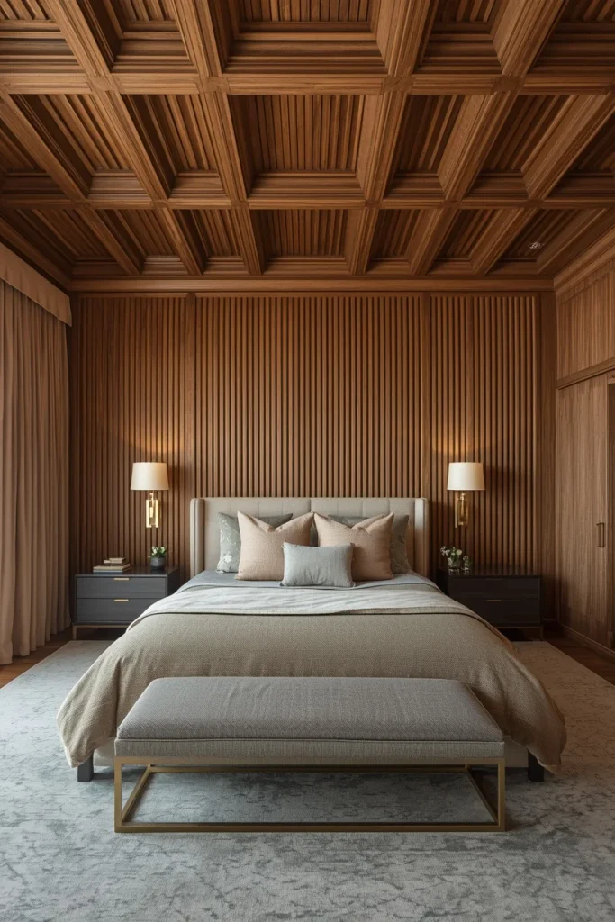 Fluted wood beams creating calm bedroom ceiling design