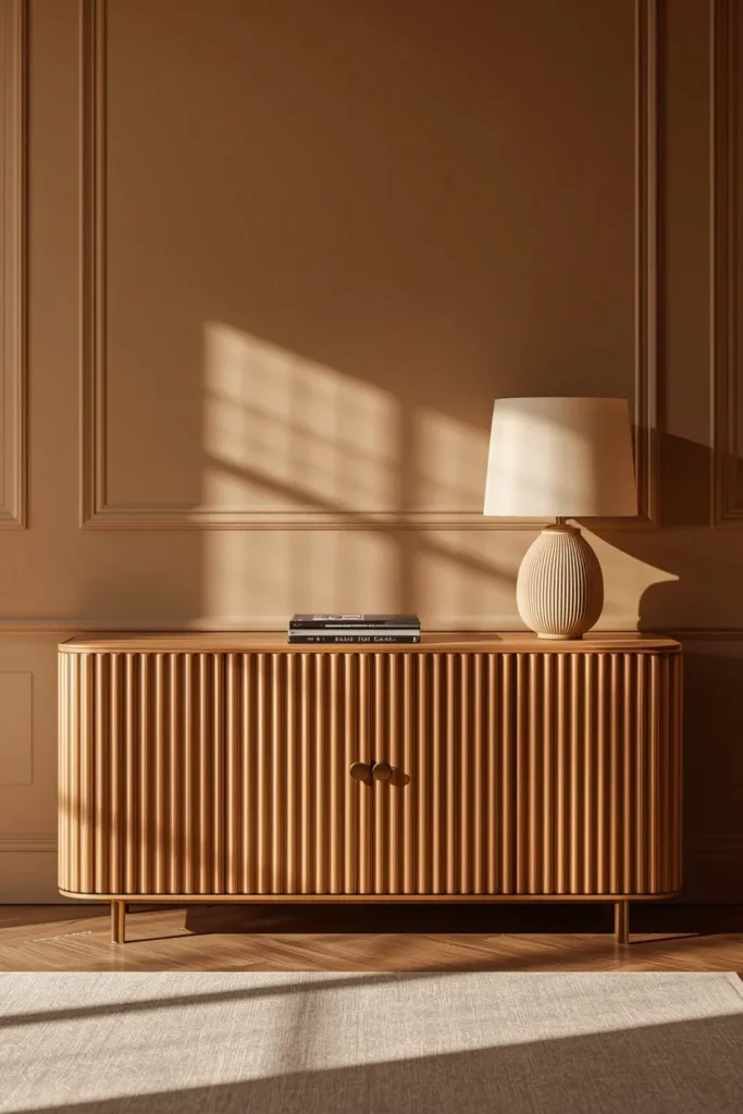 Fluted wood media console enhancing modern neutral living room. 