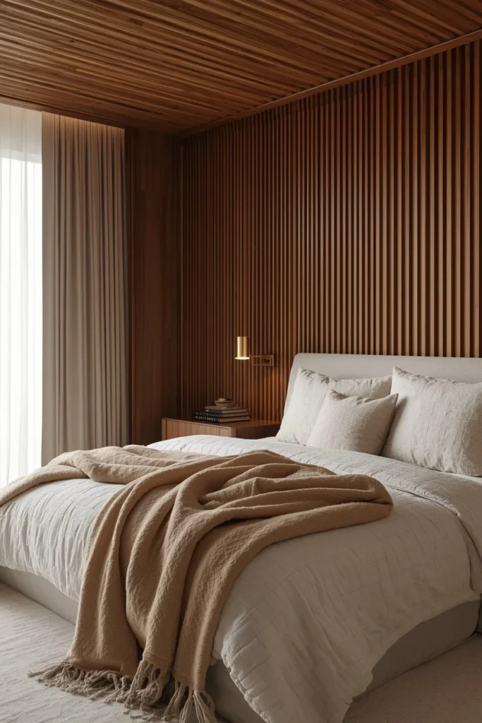 Fluted wood slats add warmth to bedroom ceiling