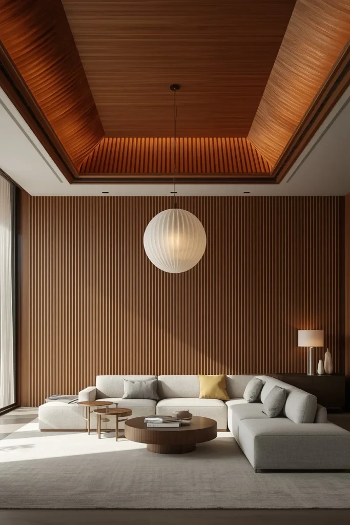 Fluted wood tray ceiling featuring sculptural pendant lighting.