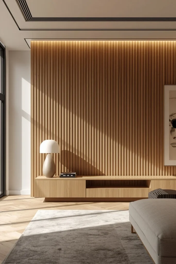 Fluted wood wall adding texture behind modern living room
