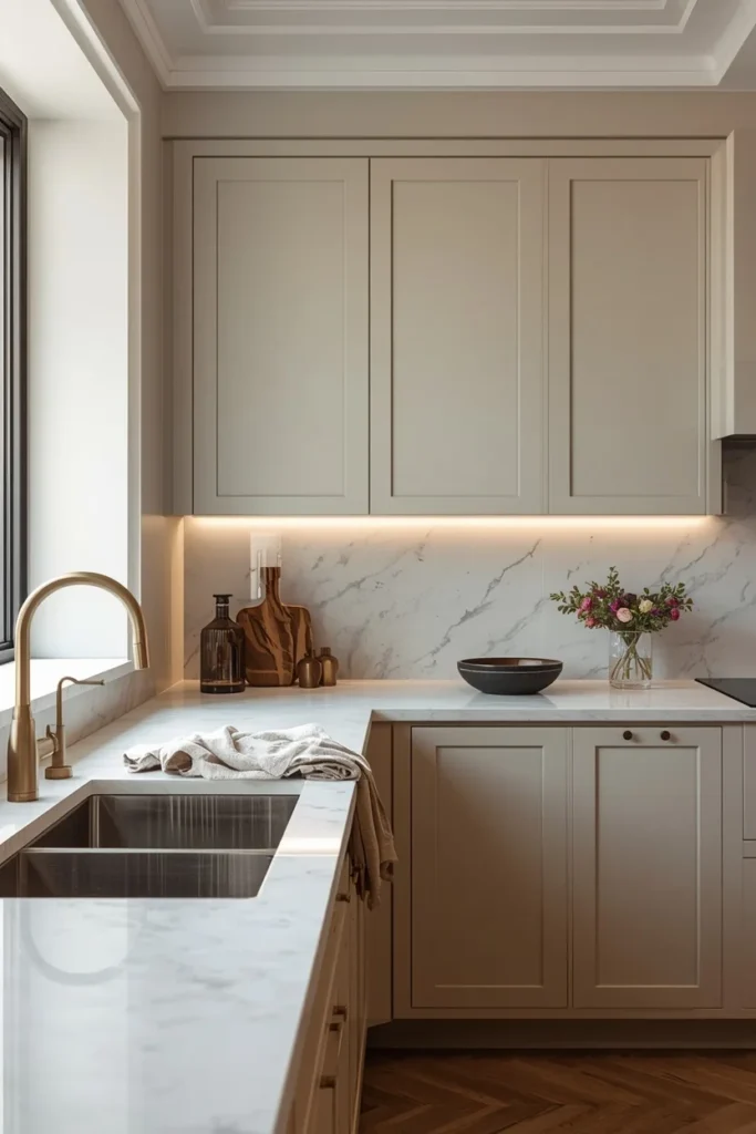 Full-height marble slab backsplash in a modern kitchen
