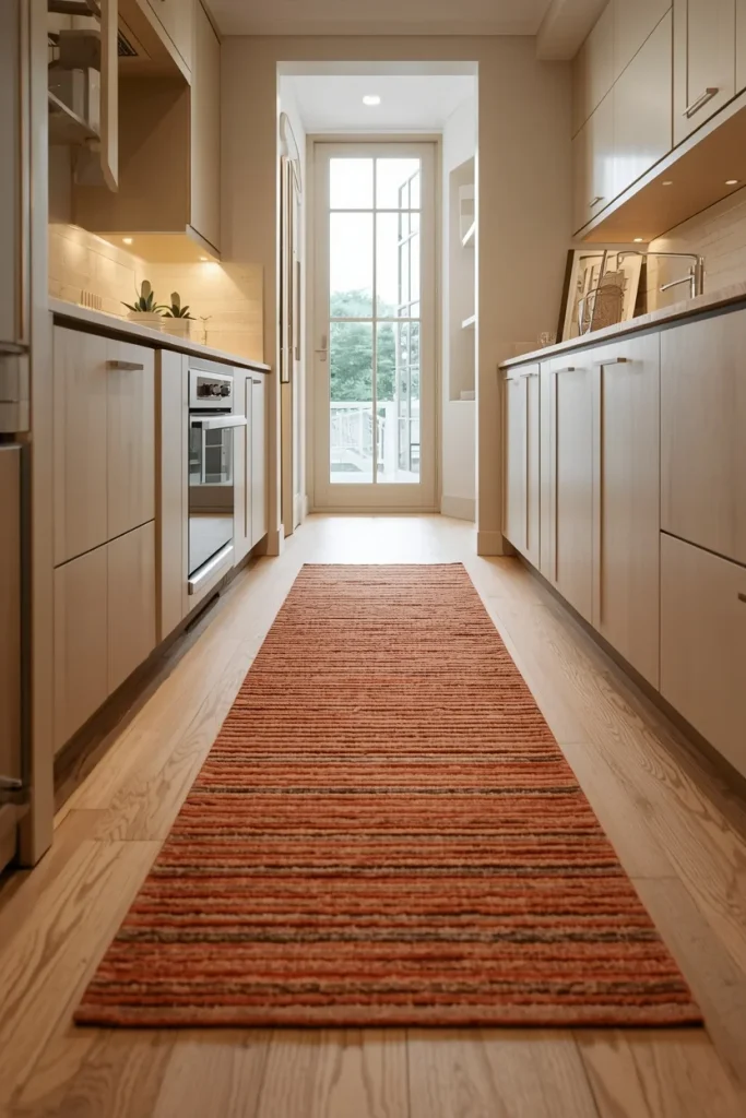 Stylish runner rug adding warmth to galley kitchen