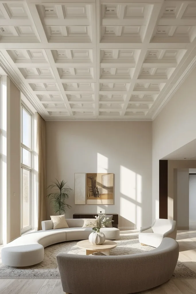Matte white coffered ceiling with elegant geometric pattern. 