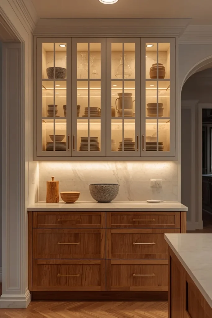 LED lighting illuminating glass-front kitchen cabinets