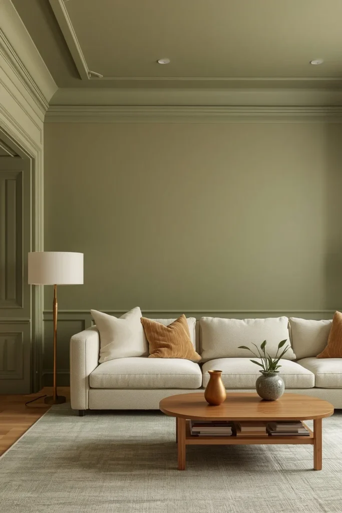 Green tray ceiling blends seamlessly with matching walls.