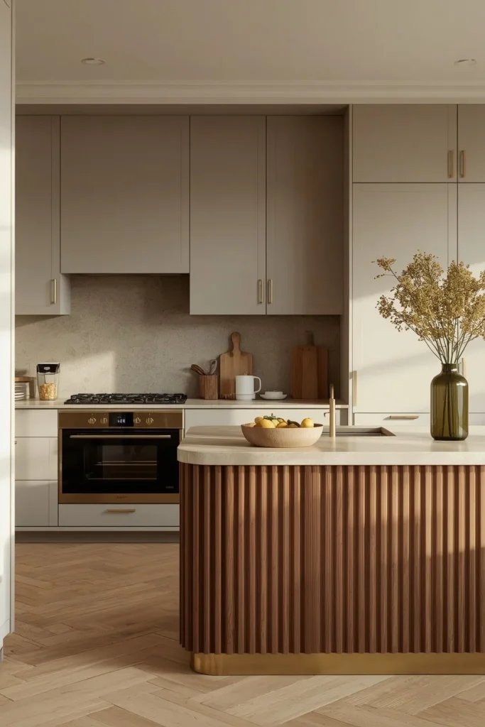 Greige cabinets with fluted brass-trimmed kitchen island