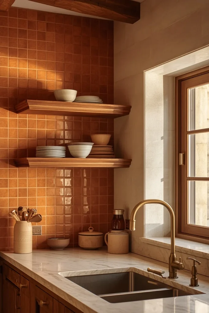 Handmade zellige tile backsplash in warm modern kitchen