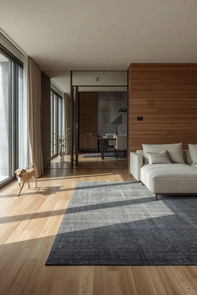 Hard flooring with soft rug in living room