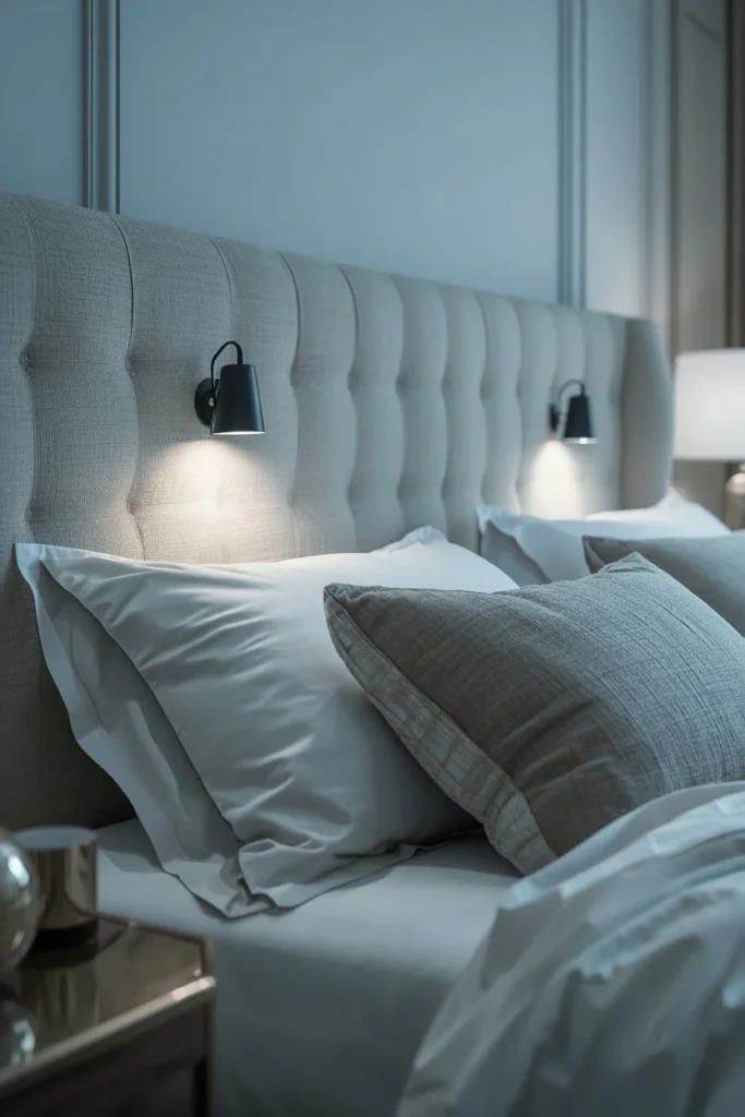 Built-in reading lights integrated into bedroom headboard