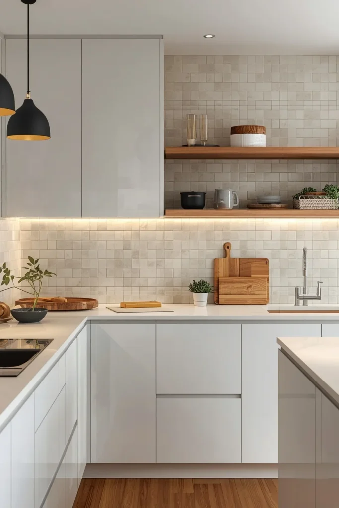 Ivory zellige backsplash tile with white cabinets