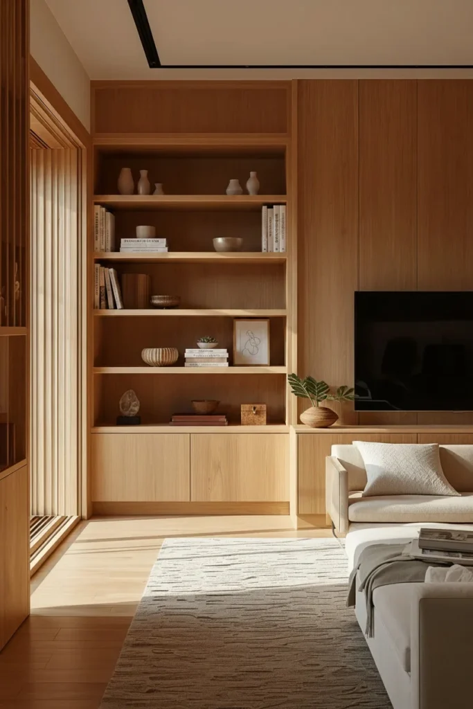 Japandi oak shelving displaying simple decorative neutral accents.