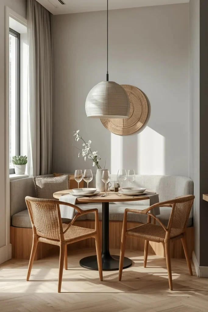 Minimal Japandi dining room with a light wood table and woven chairs