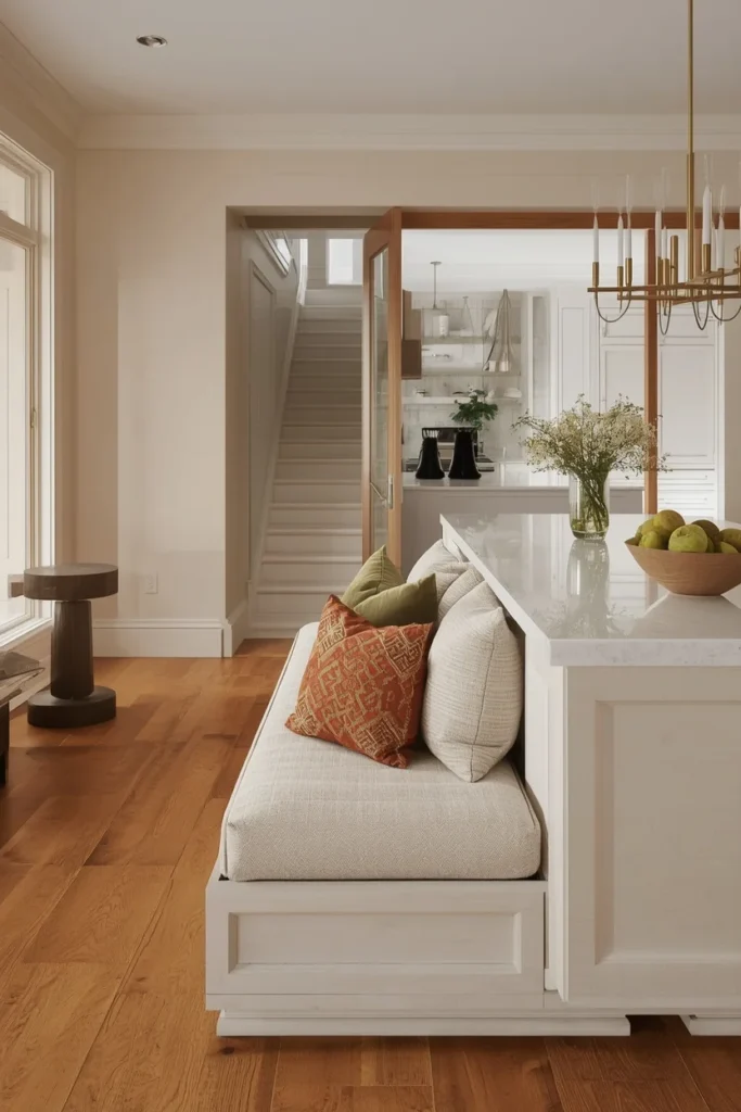 Built-in bench seating along a spacious kitchen island