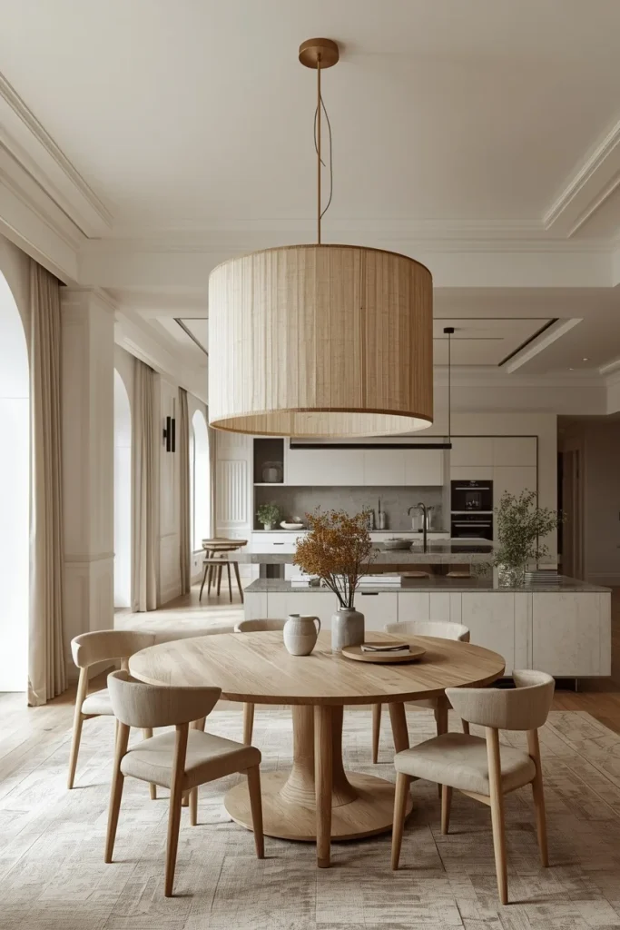Modern chandelier hanging above a kitchen dining table