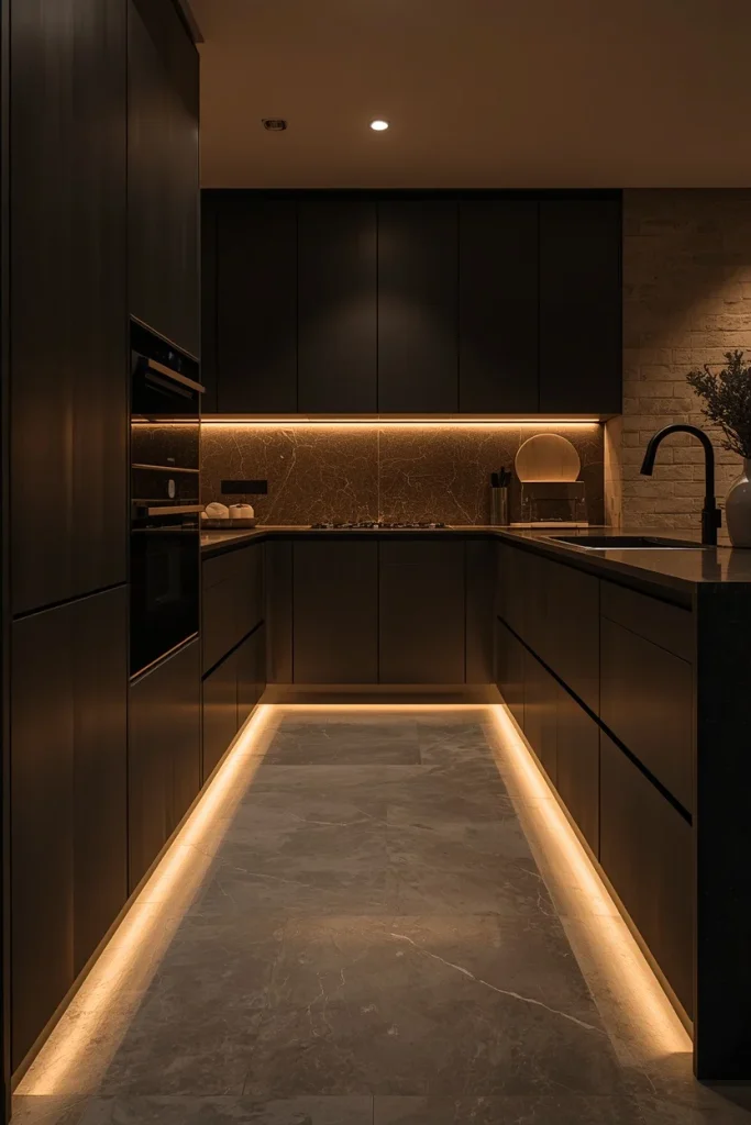 Warm LED toe-kick lighting beneath kitchen cabinets
