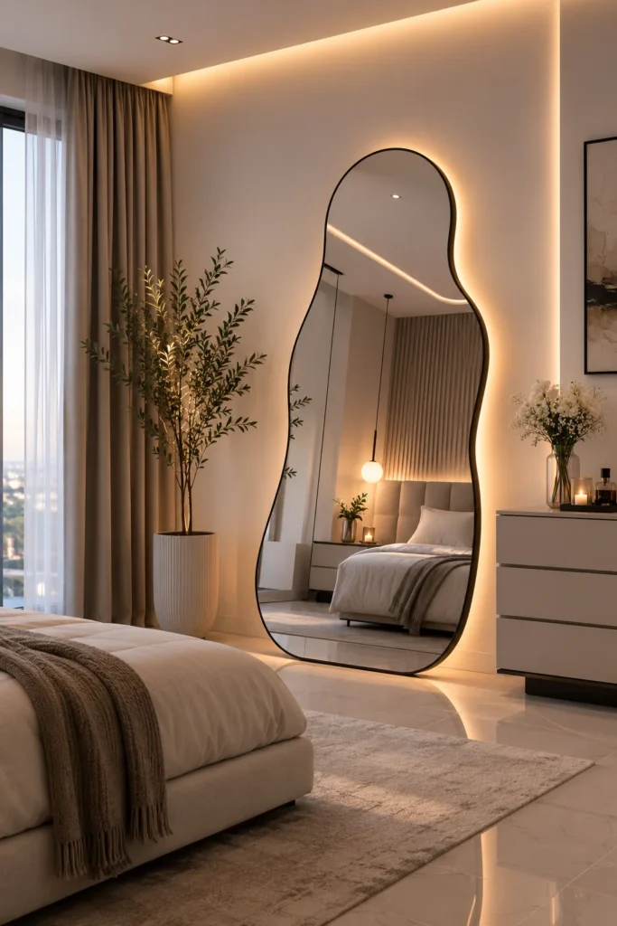 Large decorative mirror making a modern bedroom feel brighter and larger