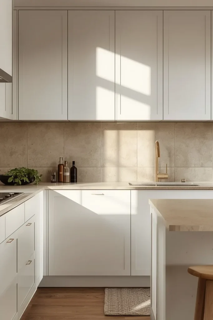 Large-format limestone backsplash with white cabinets