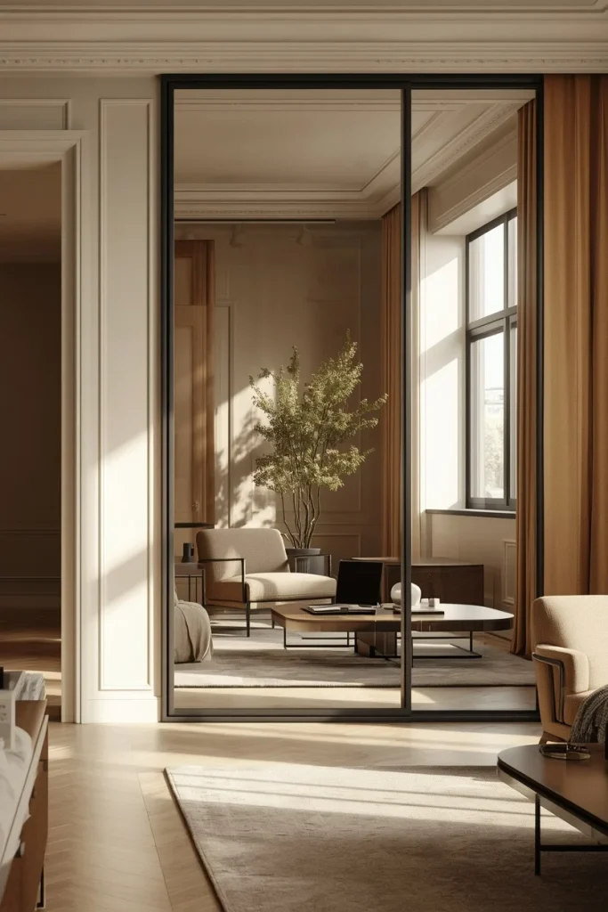 Large wall mirror reflecting light in a low room