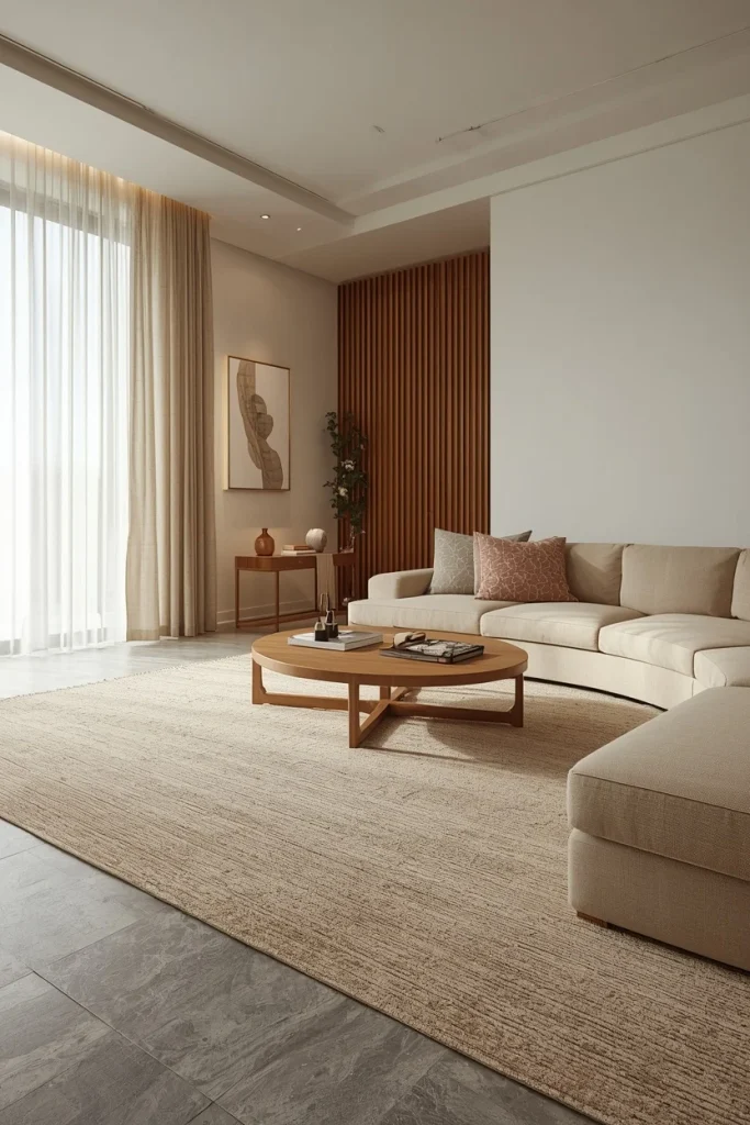 Large area rug making a low ceiling room spacious