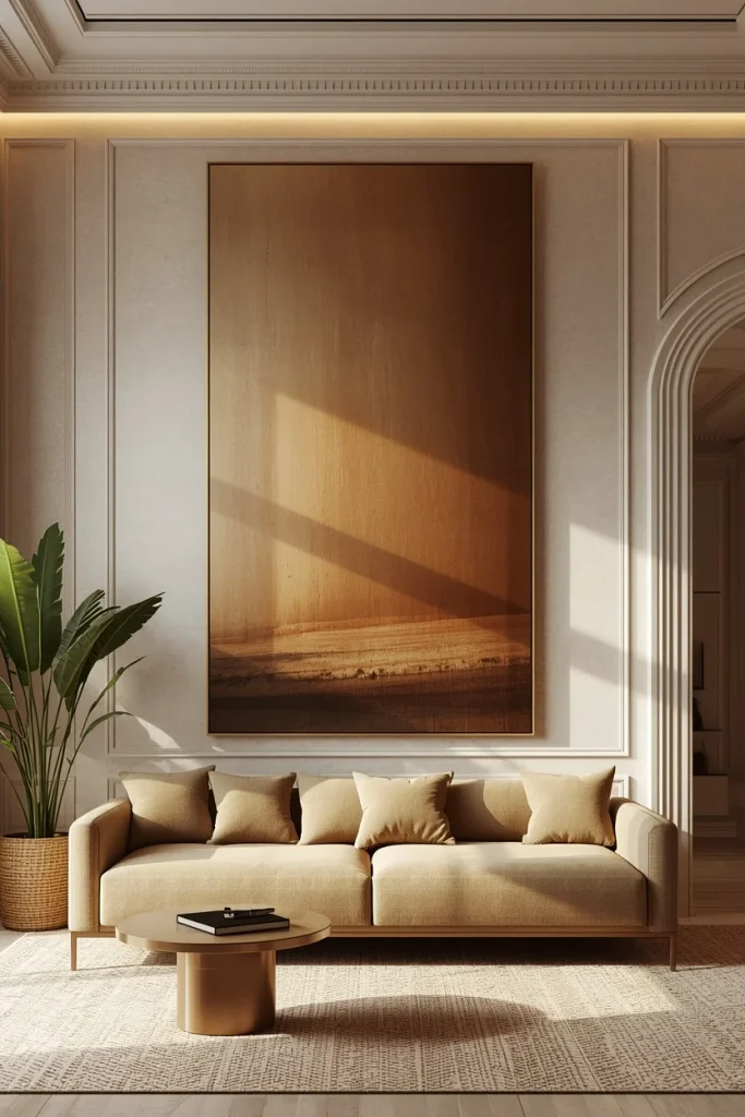 Large vertical artwork styled near a low ceiling
