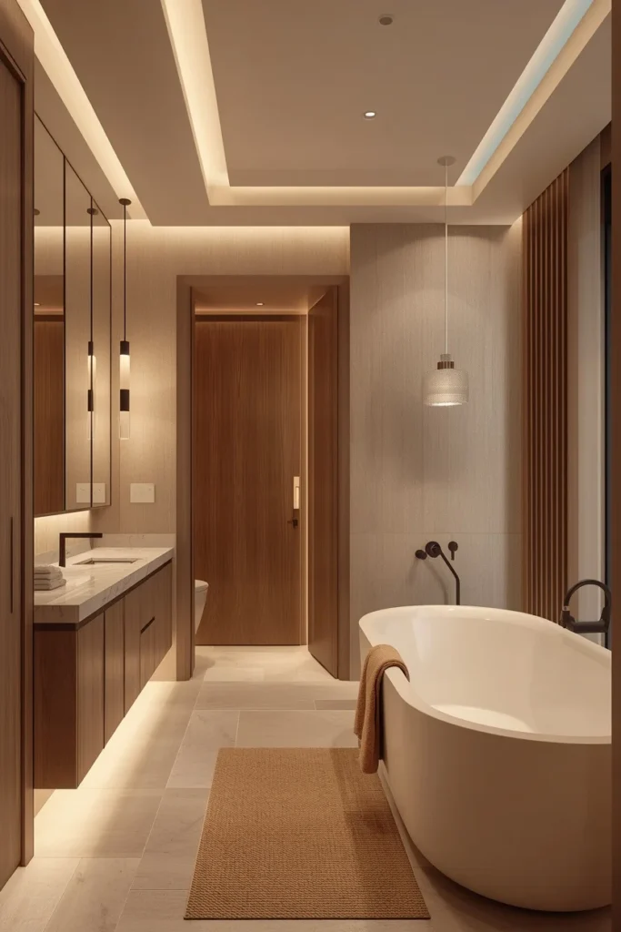 Layered bathroom lighting with recessed task and ambient fixtures