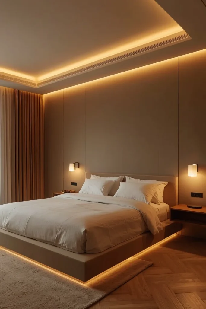 Modern bedroom with layered lighting creating a warm atmosphere