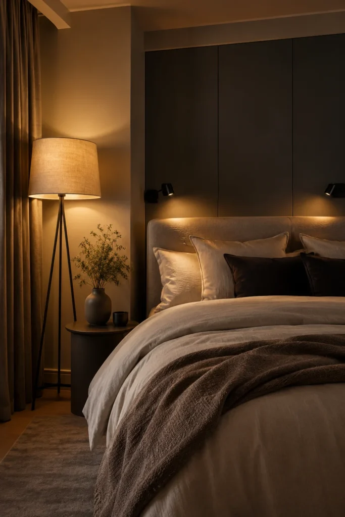 Modern bedroom with warm layered lighting using lamps and sconces