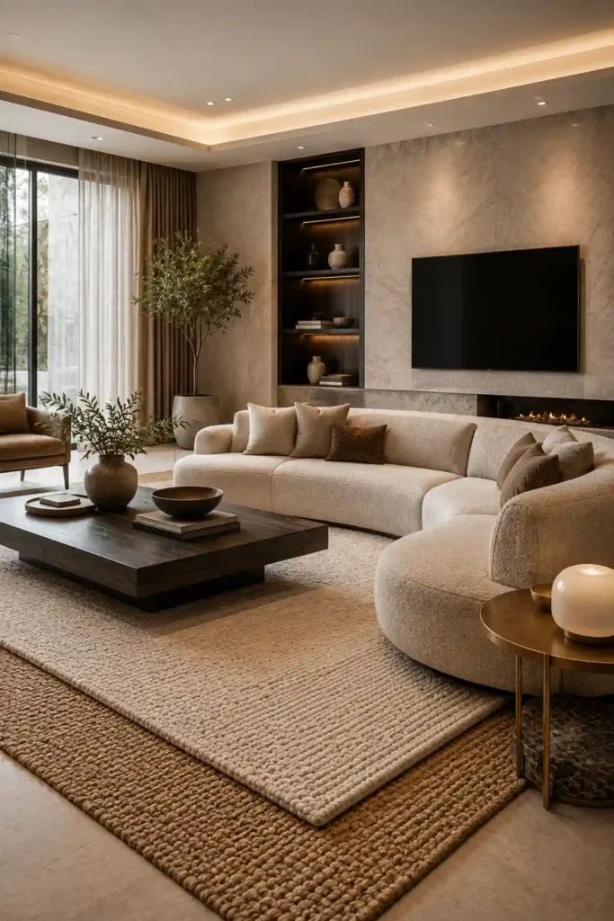 Layered jute and wool rugs adding cozy texture.