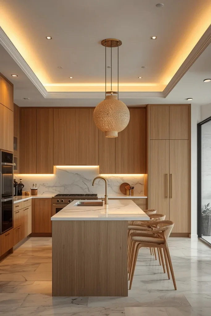 Modern kitchen with layered ambient task and accent lighting