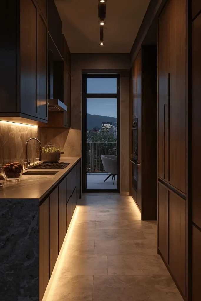 Layered lighting design for a narrow galley kitchen