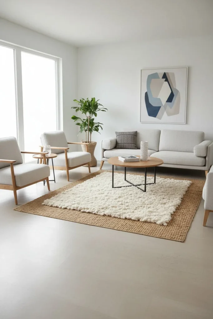 Layered jute and wool rugs in a cozy farmhouse living room