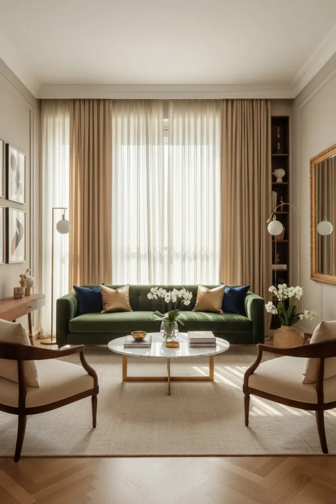 Layered sheer and linen curtains filtering natural daylight beautifully.