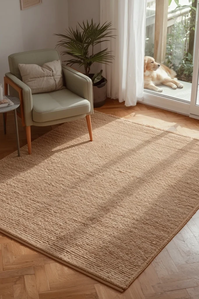 Layered washable rug in elegant pet-friendly living room