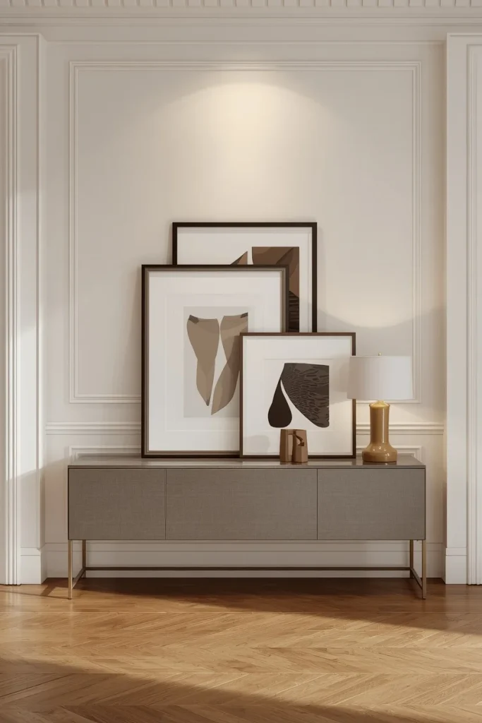 Leaning framed artwork displayed on a console table in a living room