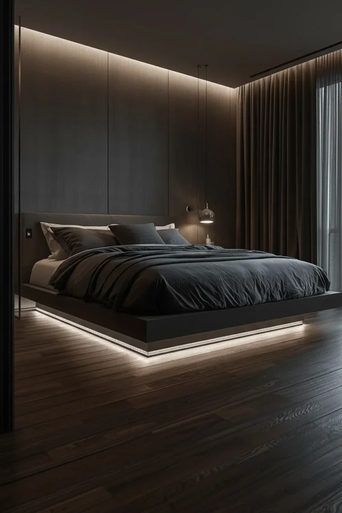  LED lighting glowing beneath a modern bedroom bed