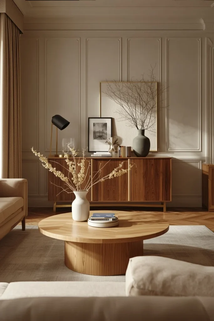  Mixed oak and walnut furniture creating balanced warmth.  