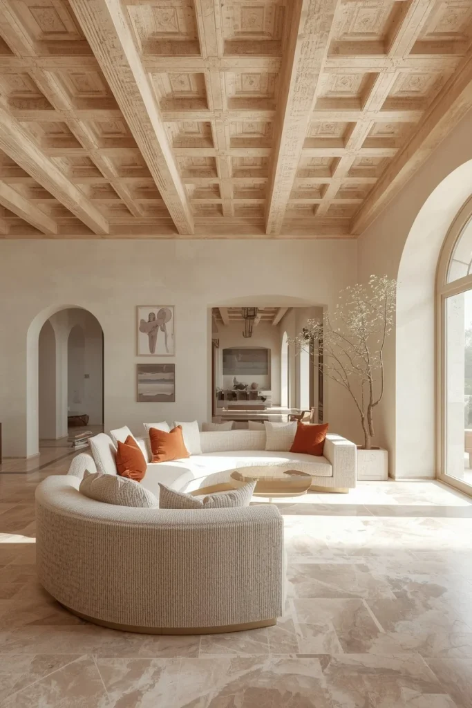Limewash beams creating warm Mediterranean ceiling style