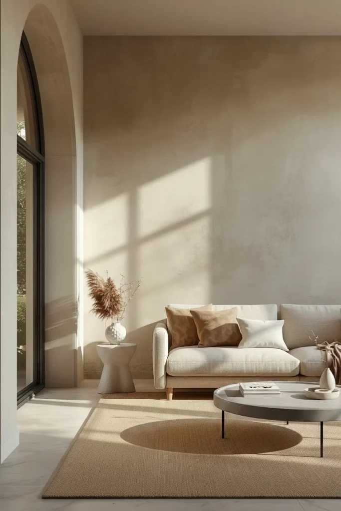 Soft limewash wall creating warm neutral living room.